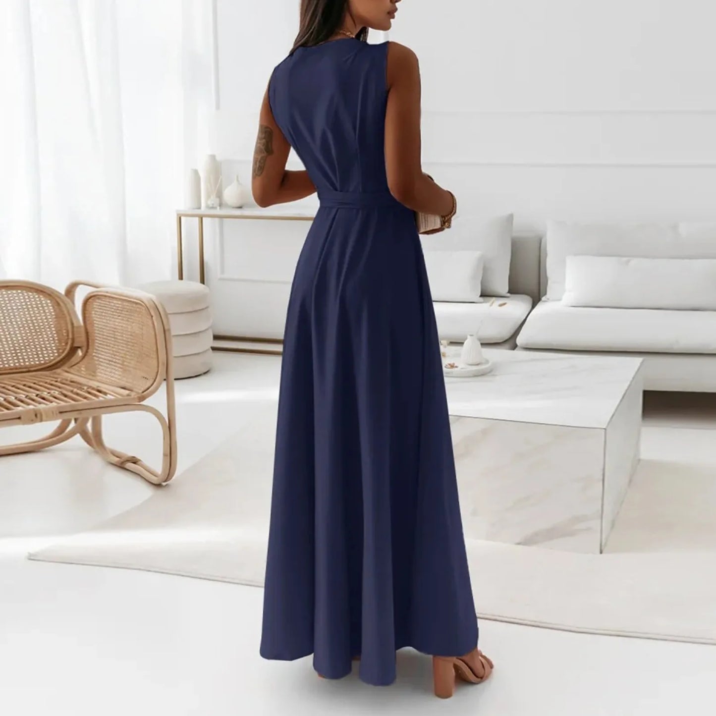 dresses for women elegant party dresses V-neck Sleeveless Belt Evening Dresses  Solid Color Solid Color dress vestidos femenino