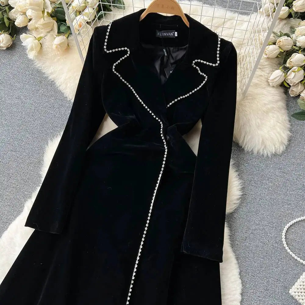 Autumn Winter Thicken Black Velvet Trenches Coats Women Long Windbreakers Overcoats