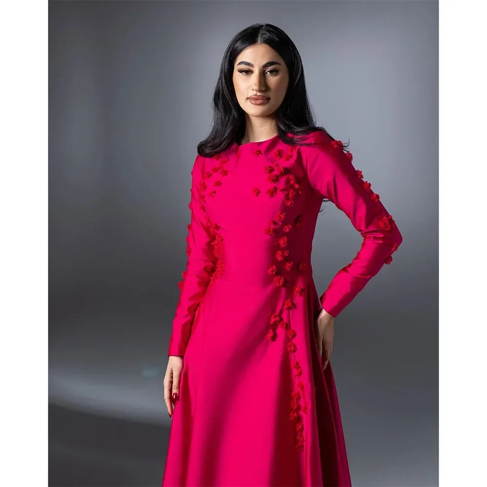 Red Evening Dresses Customized Elegant Satin  A-line Draped Flowers Homecoming Dresses Long Sleeve Party Dresses for Special Ocn