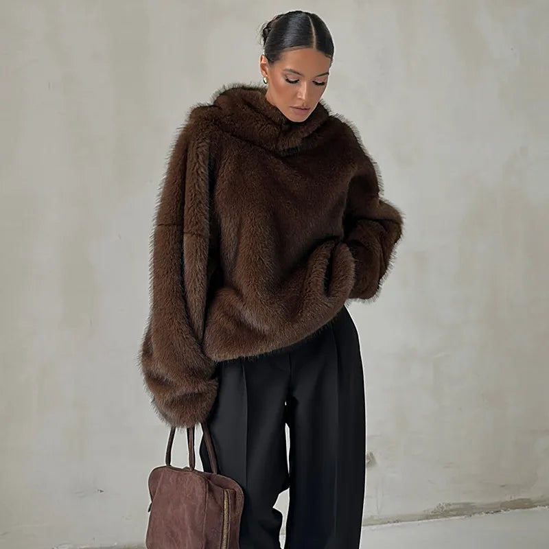 Fashion Furry Hooded Faux Fur Coats Women's Loose Long Sleeve Brown Warm Pullovers 2025 Autumn Winter Lady Casual Outwear