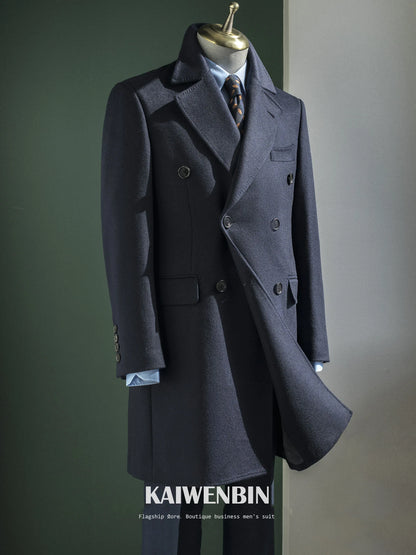 Men's Overcoat Warm Thick 100% Wool Double Breasted Navy Blue Slim Fit Luxury Business Long Coat Custom