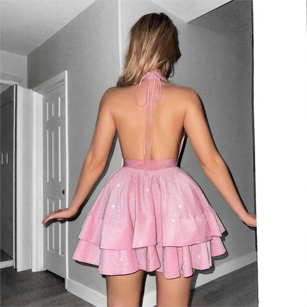 Dresses For Woman Backless Sexy Halter Neck Leace-up Slim Mini Dress Solid Color Vestidos Trendy Elegant Temperament Bowknot Hot
