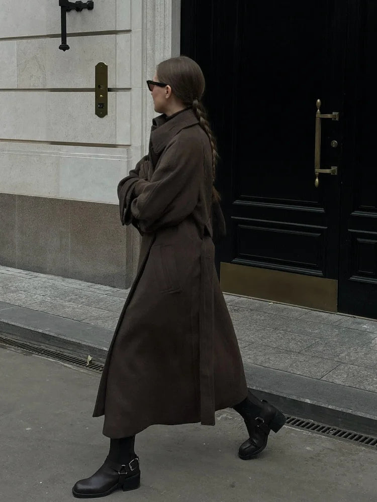 Elegant Woolen Women's Long Coat Long Sleeve Turn-down Single Breasted Female Overcoat 2025 Autumn Winter Chic Casual Lady Coats