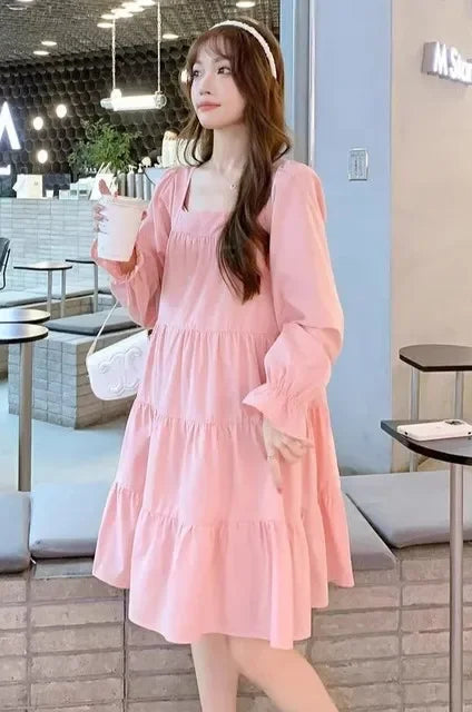 Women’s Pink Long Sleeve A-Line Dress – Elastic Waist, Casual, Party & Beach Style