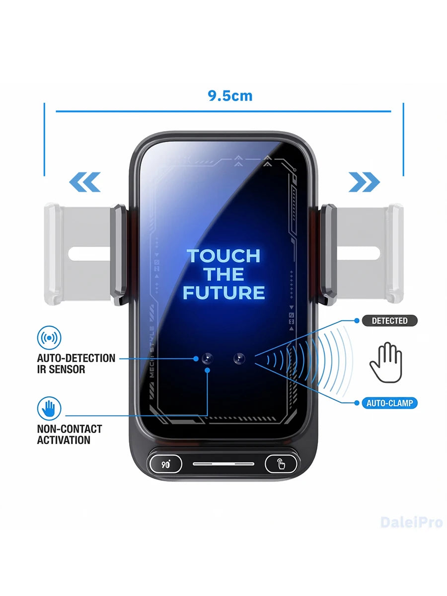 Car Phone Charger Phone Holder 15W Wireless & Wired Charger Auto Sensing One-Touch Release and Rotation Qi FCC ROHS Certified