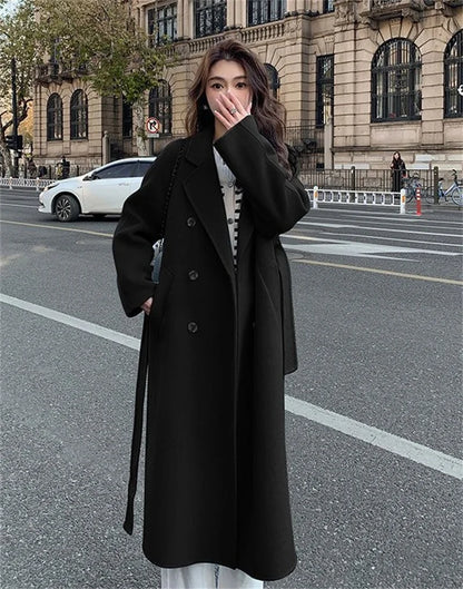 100% Wool Coat Women's Wear 2024 Autumn/Winter Fashion Temperament Double sided Cashmere Coats with Belt Elegant Long Overcoat