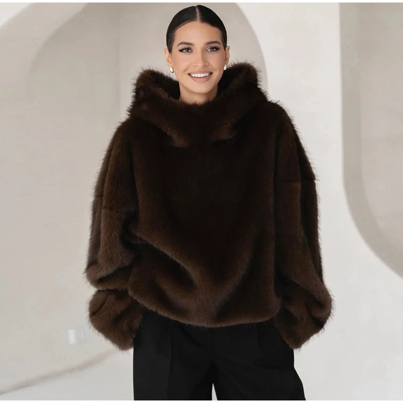 Fashion Furry Hooded Faux Fur Coats Women's Loose Long Sleeve Brown Warm Pullovers 2025 Autumn Winter Lady Casual Outwear