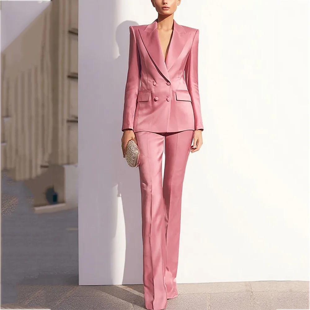 Luxury Satin Women Pants Suit Tailored Business Attire Dusty Rose 2 Piece Peak Lapel Straight Formal Outfit Daily Office Set