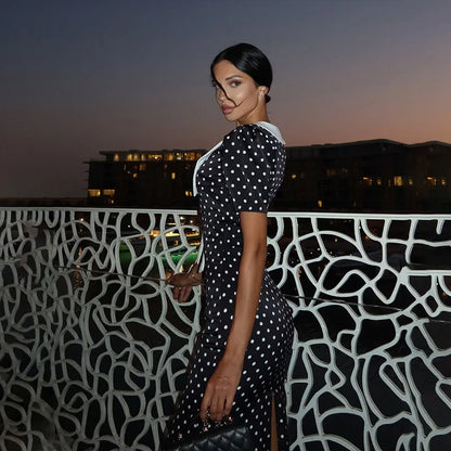 Dot Printed Dresses For Women Fashion Sexy Streetwear Short Sleeves Sheath Turn Down Collar V-Neck Long Vestidos Robes Female