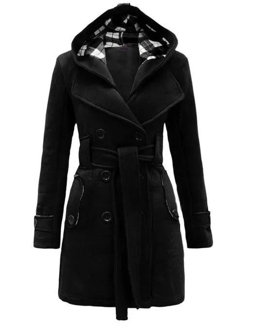 2025 Autumn Women's Hooded Overcoat Trend Double-Breasted Design Belt Side Pockets Plaid Splice Woolen Coats Winter Jacket Femme