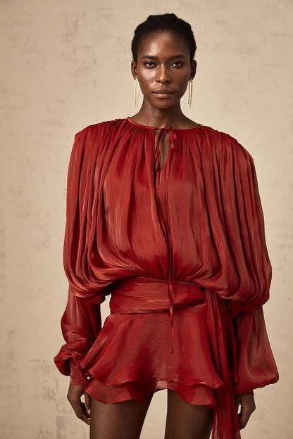 Dresses For Woman French Vestidos Elegant Puff Sleeve Dress Fashionable Loose Lace-up Solid Color Leace-up Simple Style Trendy