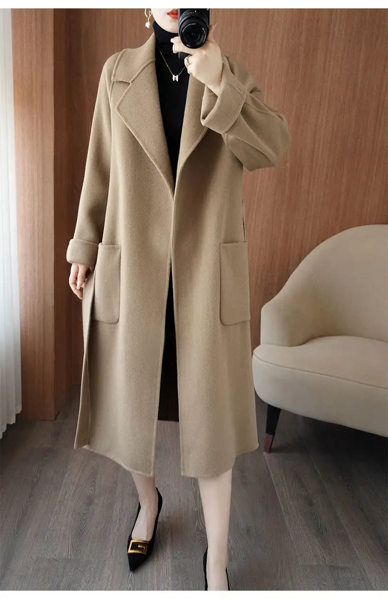 2024 Women's Wear 100% Wool Coat Autumn/Winter Fashion Temperament Double sided Cashmere Coats with Belt Elegant Long Overcoat