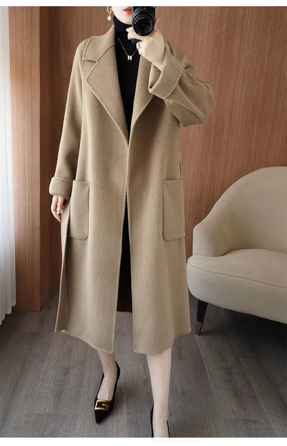 2024 Women's Wear 100% Wool Coat Autumn/Winter Fashion Temperament Double sided Cashmere Coats with Belt Elegant Long Overcoat