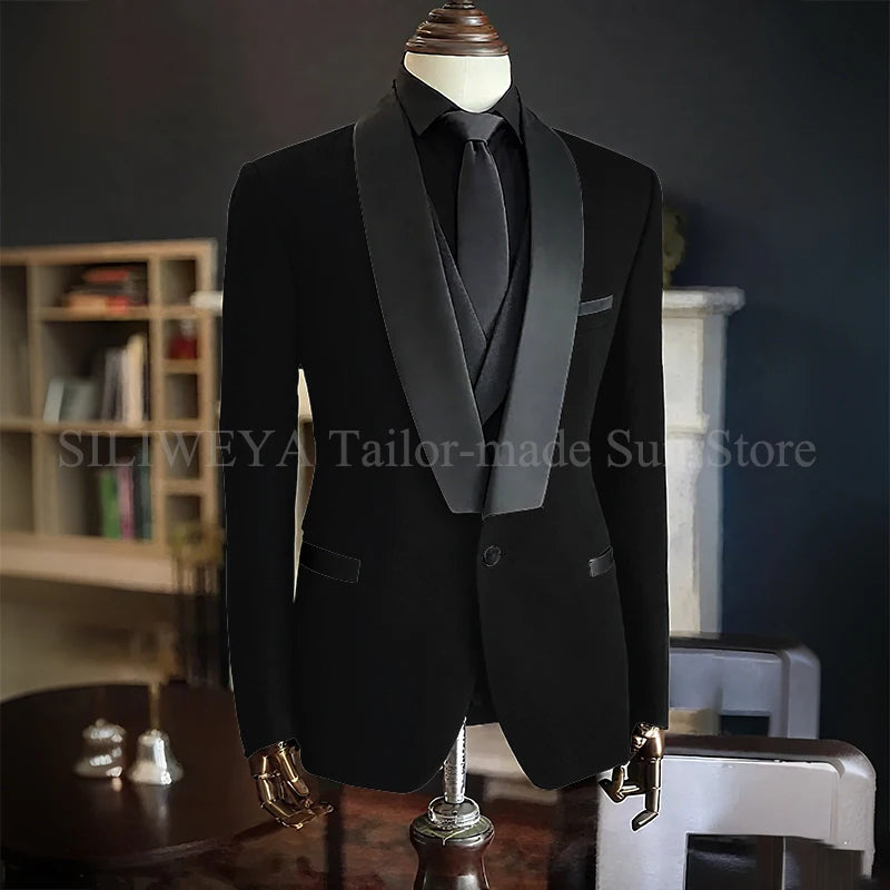 Men Suits High Quality Black Velvet 3 Piece Jacket Pants Vest Elegant Blazer Luxury Outfits Wedding Evening Party Costume Homme