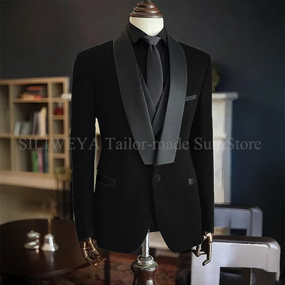 Men Suits High Quality Black Velvet 3 Piece Jacket Pants Vest Elegant Blazer Luxury Outfits Wedding Evening Party Costume Homme
