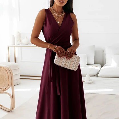 dresses for women elegant party dresses V-neck Sleeveless Belt Evening Dresses  Solid Color Solid Color dress vestidos femenino