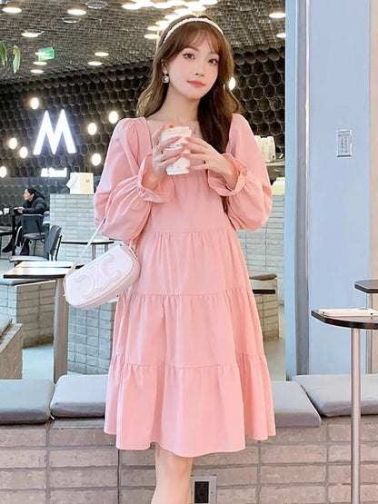 Women’s Pink Long Sleeve A-Line Dress – Elastic Waist, Casual, Party & Beach Style