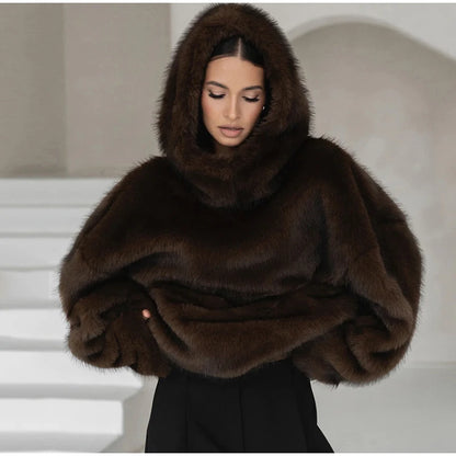 Fashion Furry Hooded Faux Fur Coats Women's Loose Long Sleeve Brown Warm Pullovers 2025 Autumn Winter Lady Casual Outwear