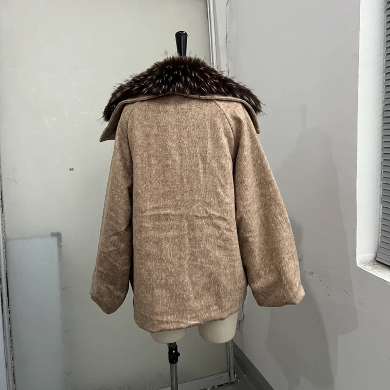 Oversized Winter Women's Coat Wide Faux Fur Collar Hooded Jackets Loose Single Breasted Outwears 2025 New Trendy Warm Lady Coats