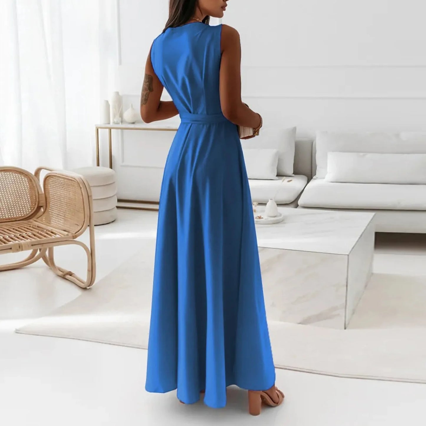 dresses for women elegant party dresses V-neck Sleeveless Belt Evening Dresses  Solid Color Solid Color dress vestidos femenino