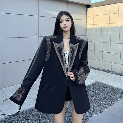 Women's BF Oversize Coats Loose Casual Single-Breasted Retro Beaded Jacket Office Lady Outerwear Autumn Winter