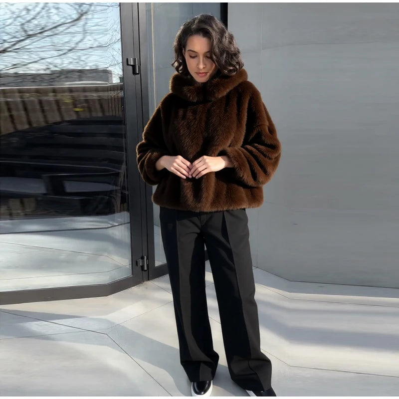 Fashion Furry Hooded Faux Fur Coats Women's Loose Long Sleeve Brown Warm Pullovers 2025 Autumn Winter Lady Casual Outwear