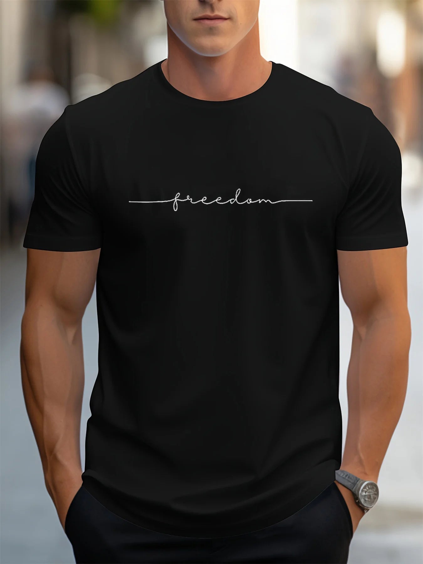 Men's 100% cotton summer fashionable casual loose plus size freedom graphic printed sports round neck short sleeved T-shirt top