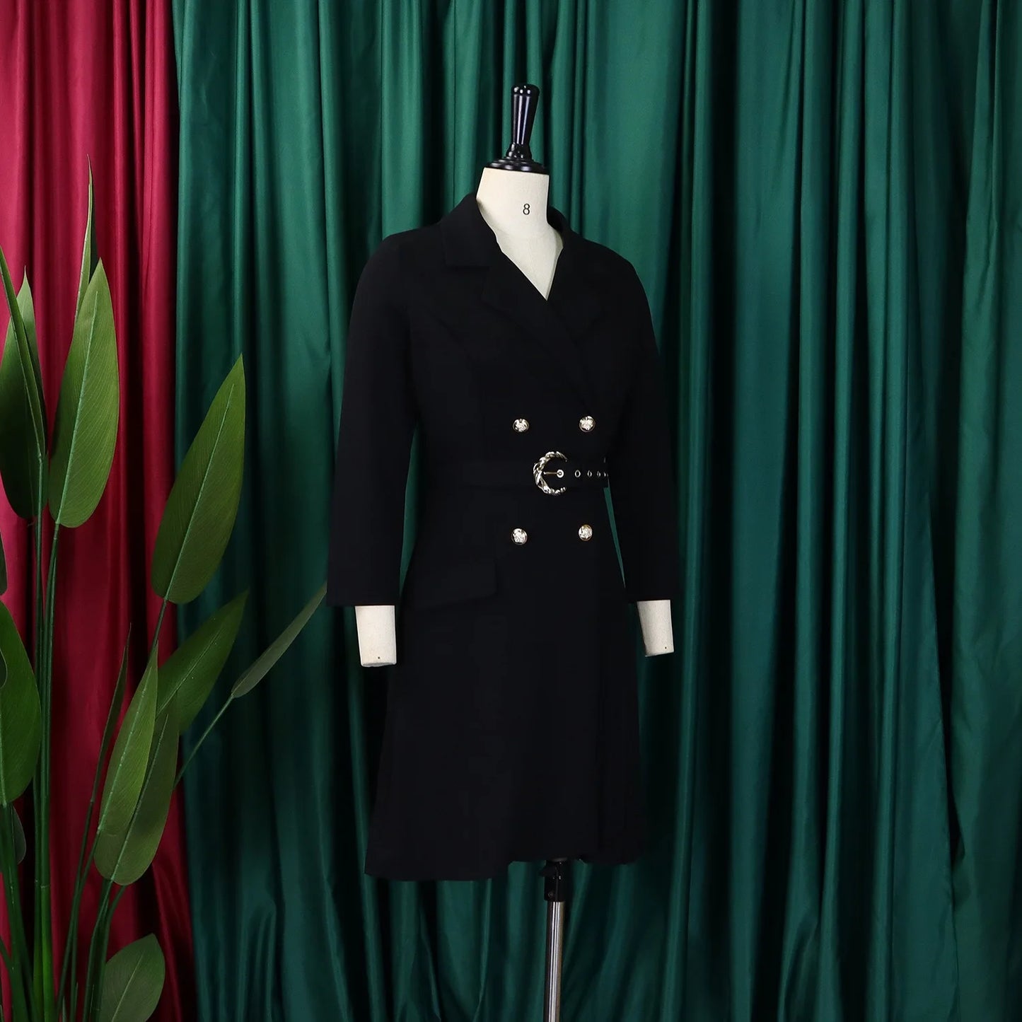 Women’s Elegant Notched Collar Dress, Long Sleeve Pleated Mid-Calf Dress with Waist Sash