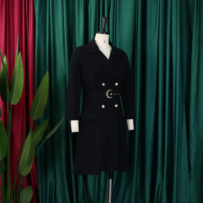 Women’s Elegant Notched Collar Dress, Long Sleeve Pleated Mid-Calf Dress with Waist Sash