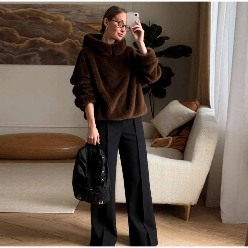 Fashion Furry Hooded Faux Fur Coats Women's Loose Long Sleeve Brown Warm Pullovers 2025 Autumn Winter Lady Casual Outwear