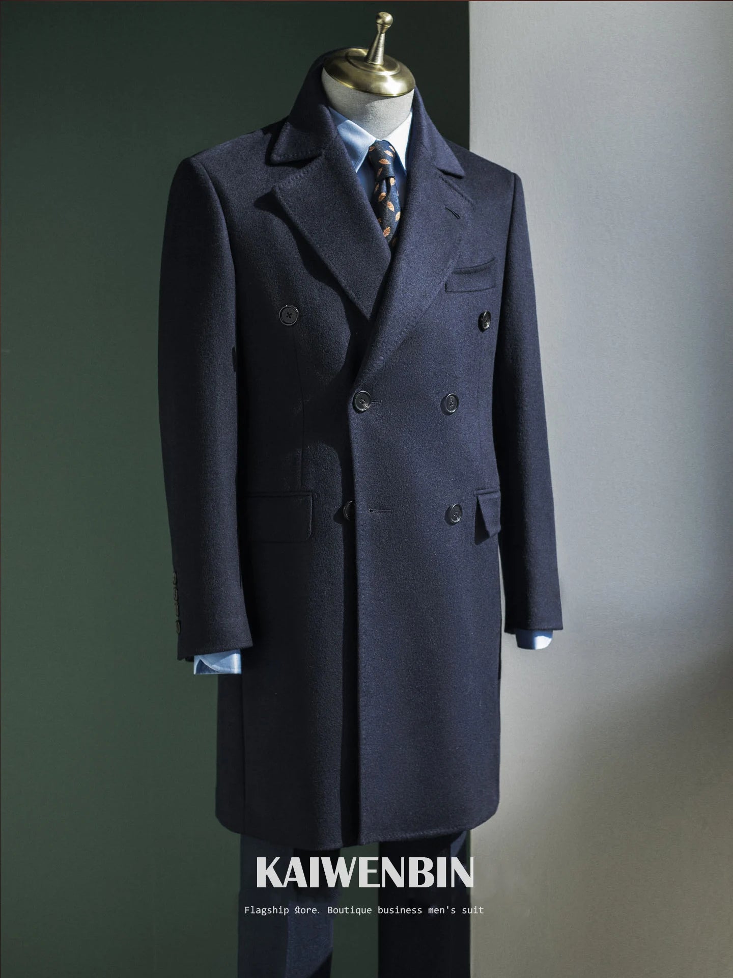Men's Overcoat Warm Thick 100% Wool Double Breasted Navy Blue Slim Fit Luxury Business Long Coat Custom