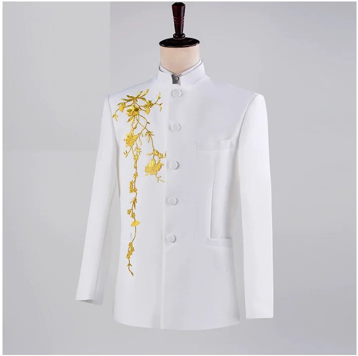 2025 New Men's Chinese Style Applique Suits Slim Fit Flower Set Male Wedding Prom Party Dress Blazers Jacket and Pants