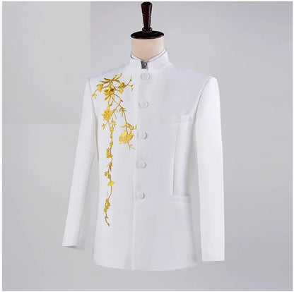 2025 New Men's Chinese Style Applique Suits Slim Fit Flower Set Male Wedding Prom Party Dress Blazers Jacket and Pants