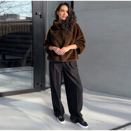 Fashion Furry Hooded Faux Fur Coats Women's Loose Long Sleeve Brown Warm Pullovers 2025 Autumn Winter Lady Casual Outwear