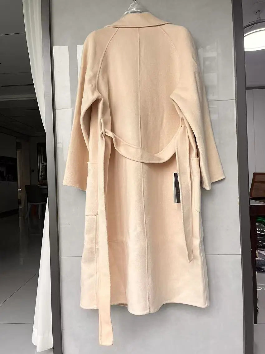 2024 Women's Wear 100% Wool Coat Autumn/Winter Fashion Temperament Double sided Cashmere Coats with Belt Elegant Long Overcoat