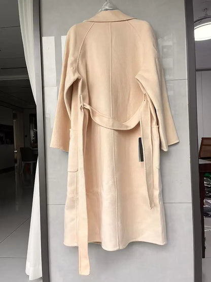 2024 Women's Wear 100% Wool Coat Autumn/Winter Fashion Temperament Double sided Cashmere Coats with Belt Elegant Long Overcoat