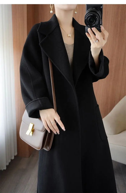 2024 Women's Wear 100% Wool Coat Autumn/Winter Fashion Temperament Double sided Cashmere Coats with Belt Elegant Long Overcoat