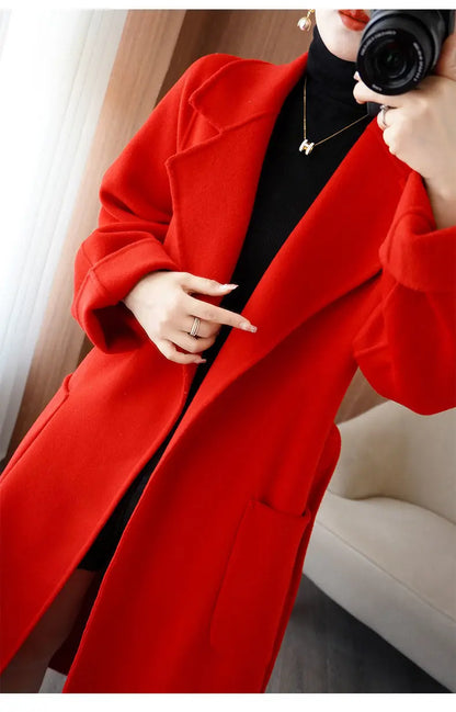 2024 Women's Wear 100% Wool Coat Autumn/Winter Fashion Temperament Double sided Cashmere Coats with Belt Elegant Long Overcoat