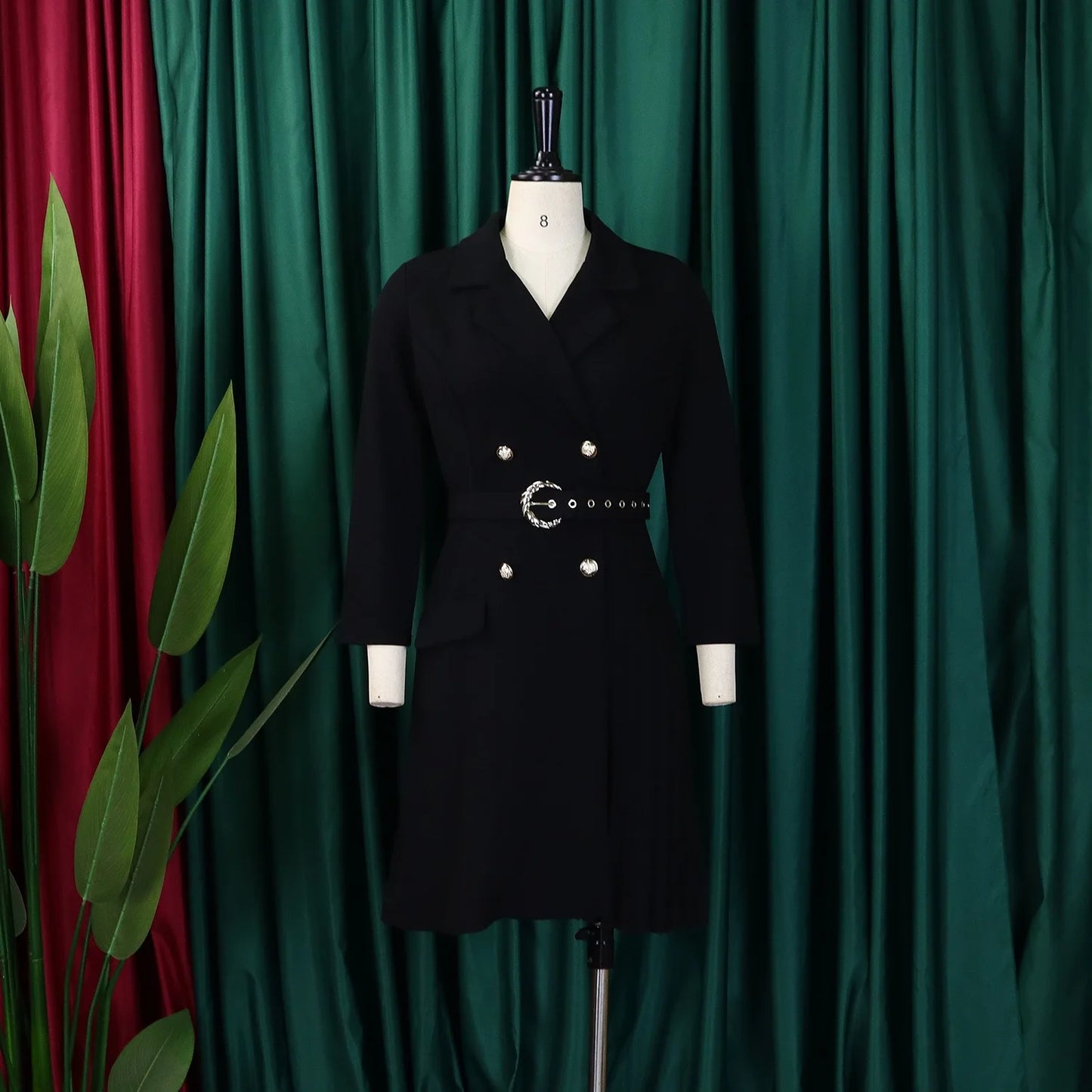 Women’s Elegant Notched Collar Dress, Long Sleeve Pleated Mid-Calf Dress with Waist Sash