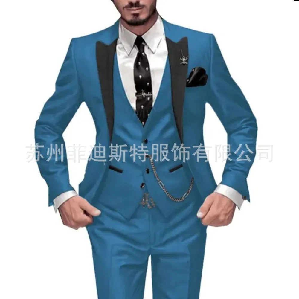 Fashion Men's 3piece Suit Sets Casual Trendy Business Solid Color Turn-down Collar Sngle Button Blazers Trousers Male Clothes