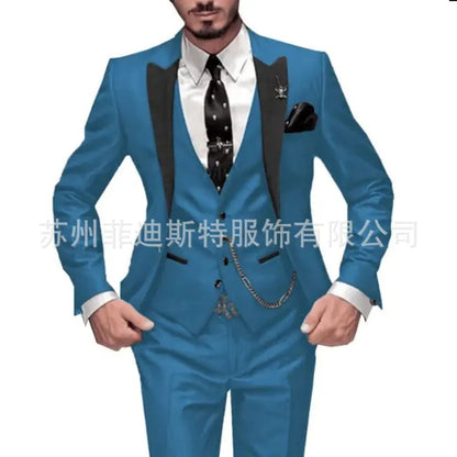 Fashion Men's 3piece Suit Sets Casual Trendy Business Solid Color Turn-down Collar Sngle Button Blazers Trousers Male Clothes