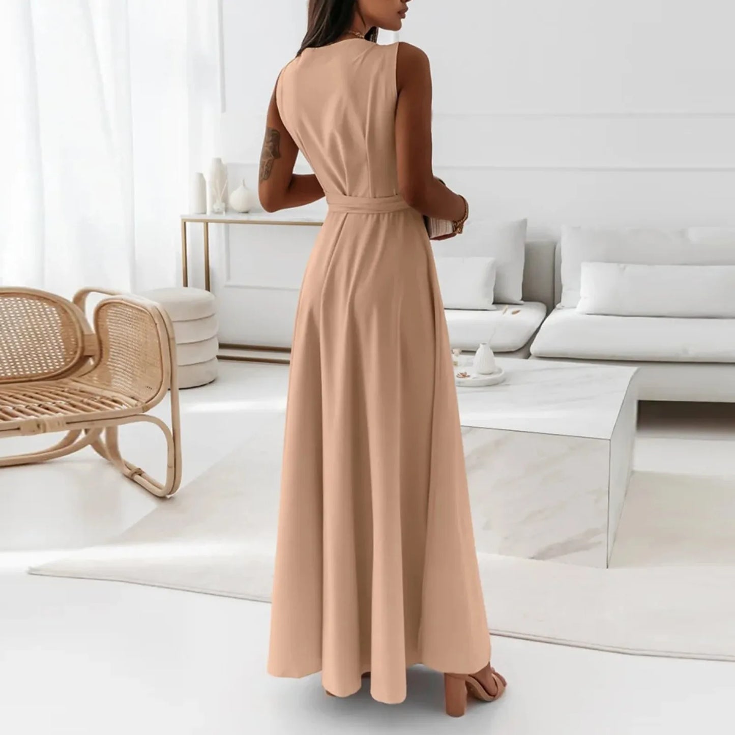 dresses for women elegant party dresses V-neck Sleeveless Belt Evening Dresses  Solid Color Solid Color dress vestidos femenino