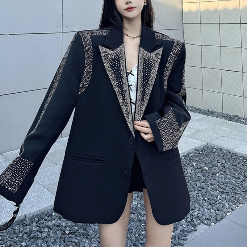 Women's BF Oversize Coats Loose Casual Single-Breasted Retro Beaded Jacket Office Lady Outerwear Autumn Winter