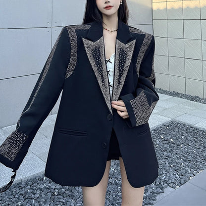 Women's BF Oversize Coats Loose Casual Single-Breasted Retro Beaded Jacket Office Lady Outerwear Autumn Winter