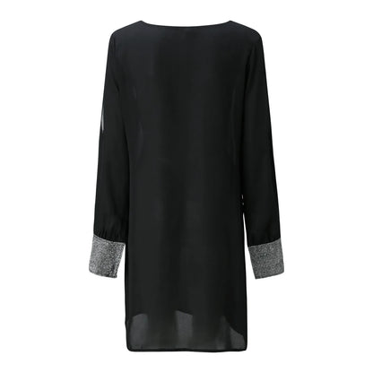 Dresses For Women 2025 Elegant Shiny Mesh Stitching Long Sleeve Robe Solid Color V Neck Mini Dress Evening Party Dresses Vestido