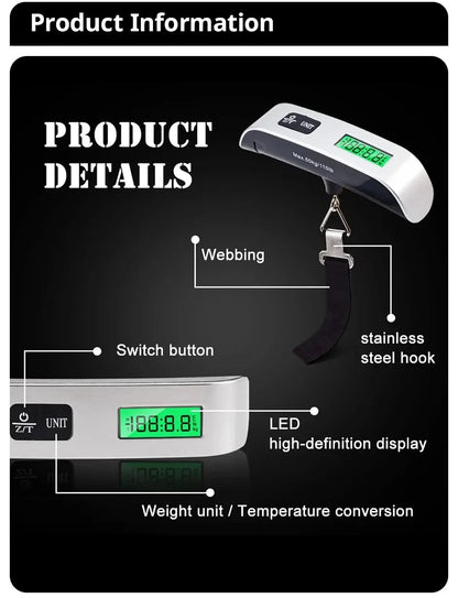 Portable Handheld Digital Travel Luggage Scale - .110lb/50kg with LCD Display, Mini Pocket-Size Electronic Weighing Tool