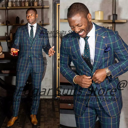Customized British style Colorful lines Plaid Men Suits 2 Pieces Sets Slim Fit Groom Prom Tuxedos Business Male Formal Blazers