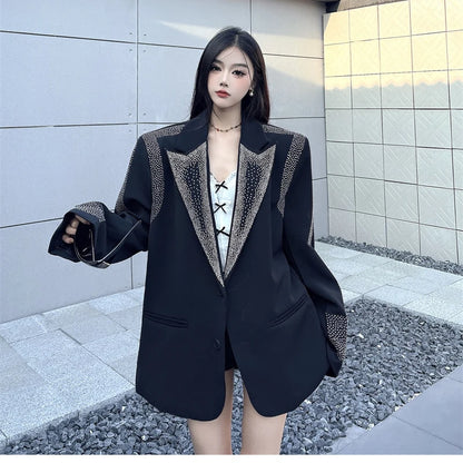 Women's BF Oversize Coats Loose Casual Single-Breasted Retro Beaded Jacket Office Lady Outerwear Autumn Winter
