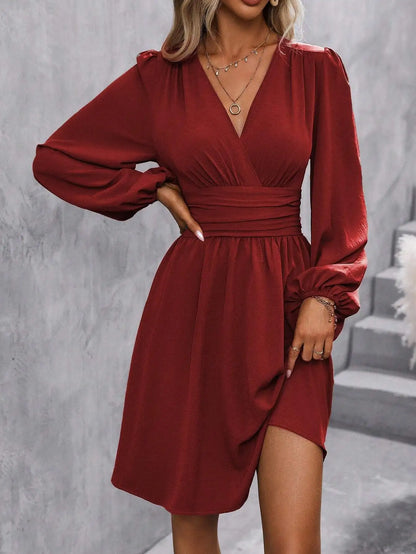 Dresses 2025 Woman Clothing V Neck Lantern Sleeve Wrap Mini Dress Ruched Waist Flowy Hem Elegant for Autumn and Party Styles ﻿