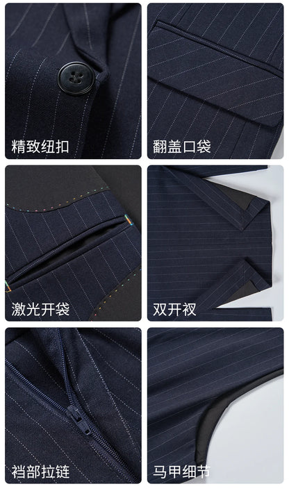 High-quality, fashionable and stylish British-style banquet striped suit set, men's three-piece business casual suit